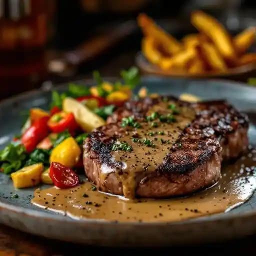 Steak au Poivre recipe served on a plate, by Bouchon Steak au Poivre recipe served on a plate, by Bouchon