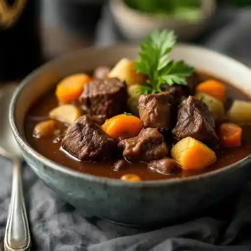 Guinness Stew recipe served on a plate, by The Royal Mile Guinness Stew recipe served on a plate, by The Royal Mile
