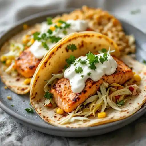Blackened Salmon Tacos recipe served on a plate, by The Iowa Taproom Blackened Salmon Tacos recipe served on a plate, by The Iowa Taproom