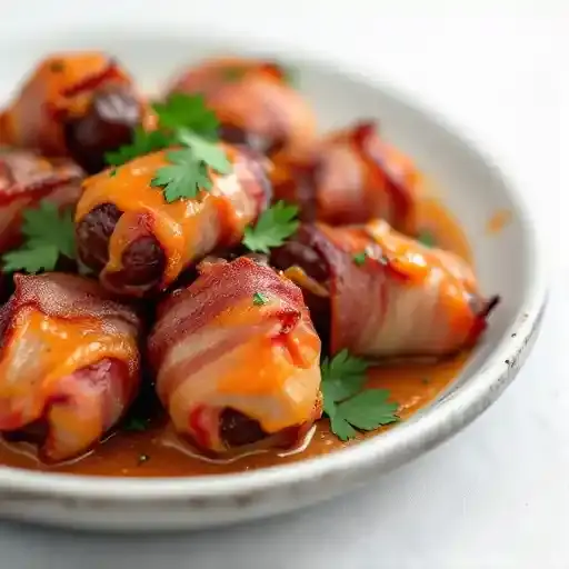 Bacon-Wrapped Dates recipe served on a plate, by Cento Bacon-Wrapped Dates recipe served on a plate, by Cento