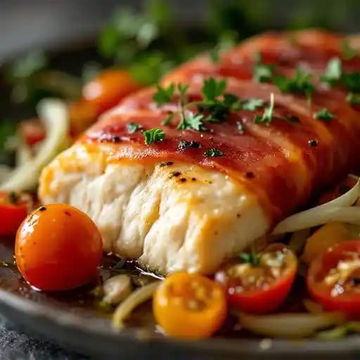 Roasted Prosciutto Wrapped Cod Loin recipe served on a plate, by Red Stripe Roasted Prosciutto Wrapped Cod Loin recipe served on a plate, by Red Stripe