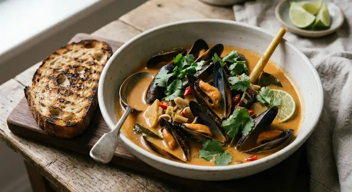 thai curry mussels recipe served on a plate, by Boom + Batten Restaurant & Cafe thai curry mussels recipe served on a plate, by Boom + Batten Restaurant & Cafe
