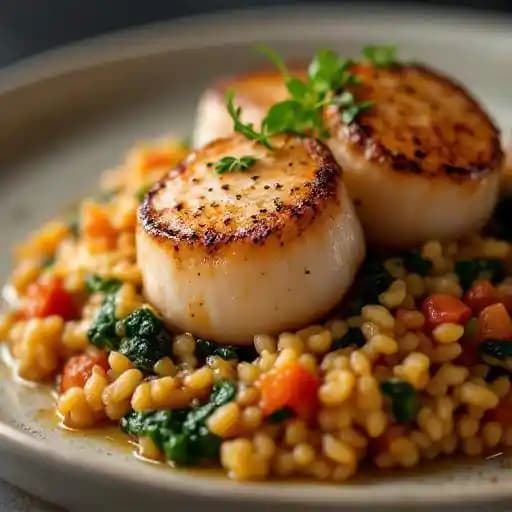 Pan Seared Sea Scallops recipe served on a plate, by Camille's Pan Seared Sea Scallops recipe served on a plate, by Camille's