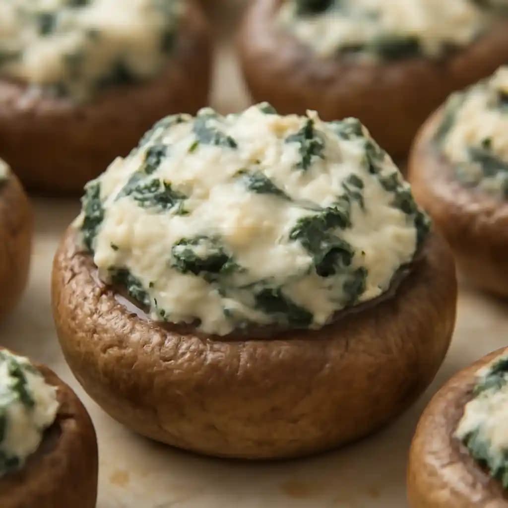 Stuffed Mushroom Caps recipe served on a plate, by GreenFire Stuffed Mushroom Caps recipe served on a plate, by GreenFire