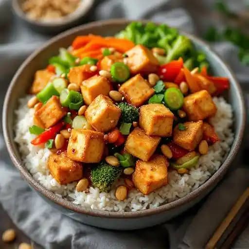 Crispy Tofu Kung Pao Bowl recipe served on a plate, by Glo Restaurant + Lounge Crispy Tofu Kung Pao Bowl recipe served on a plate, by Glo Restaurant + Lounge