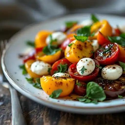 Heirloom Tomato & Peach Salad recipe served on a plate, by El Gaucho Portland Heirloom Tomato & Peach Salad recipe served on a plate, by El Gaucho Portland