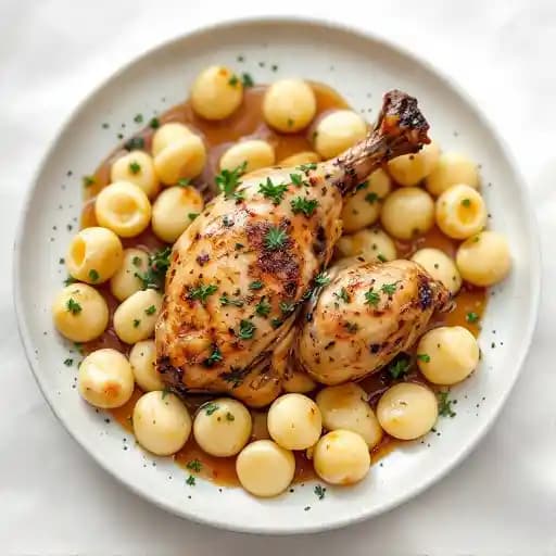 Roasted Chicken & Gnocchi recipe served on a plate, by Talula's Garden Roasted Chicken & Gnocchi recipe served on a plate, by Talula's Garden