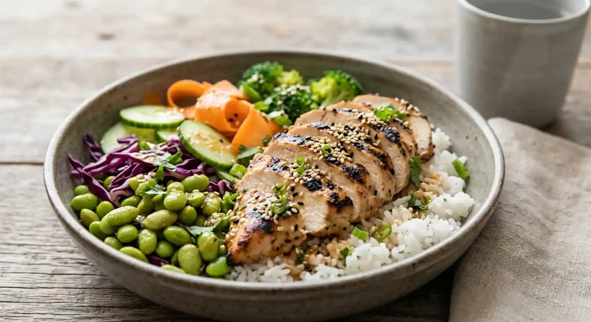 Grilled Chicken Zen Bowl recipe served on a plate, by Moxies Victoria Restaurant Grilled Chicken Zen Bowl recipe served on a plate, by Moxies Victoria Restaurant