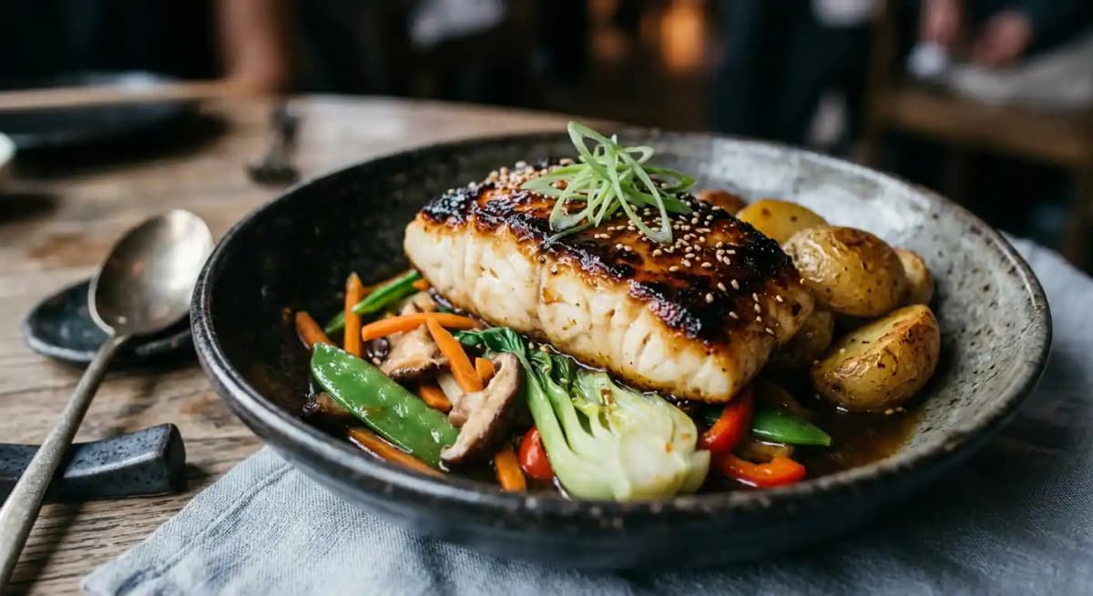 Sake Glazed Chilean Seabass recipe served on a plate, by JOEY Uptown Sake Glazed Chilean Seabass recipe served on a plate, by JOEY Uptown