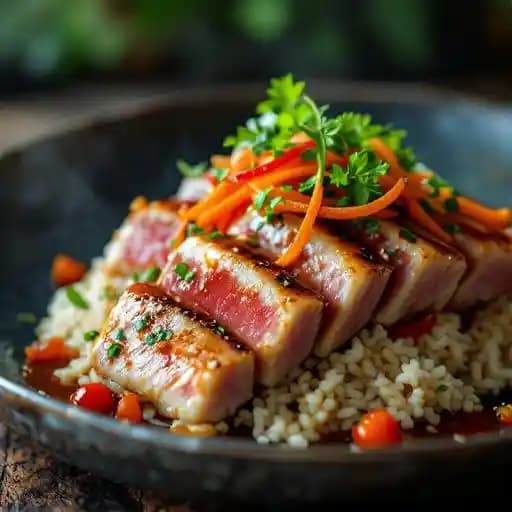 Szechuan Tuna* recipe served on a plate, by Marker 32 Szechuan Tuna* recipe served on a plate, by Marker 32