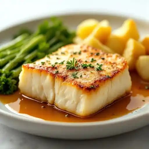 Roast Cod Filet recipe served on a plate, by Julington Creek Fish Camp Roast Cod Filet recipe served on a plate, by Julington Creek Fish Camp