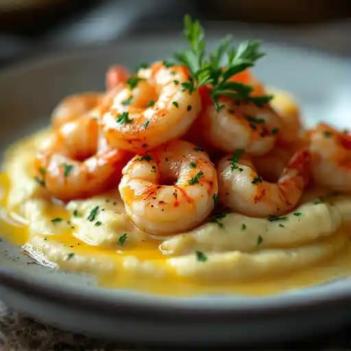 **Fish Camp Shrimp & Grits with White Wine Butter Sauce