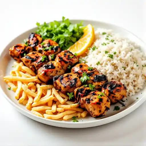 Grilled Kabob Plate (Choice of Beef Kefta or Marinated Chicken) (gf) recipe served on a plate, by EZ Eatz by Yaya Grilled Kabob Plate (Choice of Beef Kefta or Marinated Chicken) (gf) recipe served on a plate, by EZ Eatz by Yaya