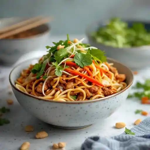 Sha La Chicken Noodles recipe served on a plate, by Blue Bamboo Sha La Chicken Noodles recipe served on a plate, by Blue Bamboo