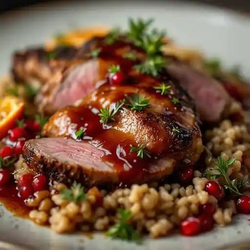 Roasted Rohan Duck Breast and Confit'd Thigh recipe served on a plate, by Annie Gunn's Restaurant Roasted Rohan Duck Breast and Confit'd Thigh recipe served on a plate, by Annie Gunn's Restaurant