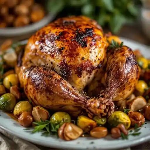 Roasted Norfolk Bronze Turkey with Brussels Sprouts, Roast Chestnuts and Cranberry Sauce