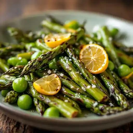 Grilled Asparagus & Snap Pea recipe served on a plate, by The Henry Grilled Asparagus & Snap Pea recipe served on a plate, by The Henry