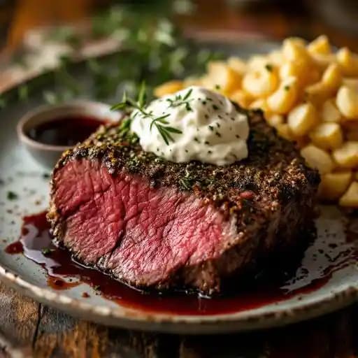 Herb-Crusted Prime Rib recipe served on a plate, by The Emporium: An American Brasserie Herb-Crusted Prime Rib recipe served on a plate, by The Emporium: An American Brasserie