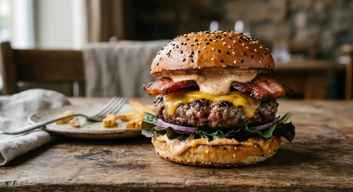 BBQ Ranch Bacon Burger recipe served on a plate, by Lazy Dog Restaurant & Bar BBQ Ranch Bacon Burger recipe served on a plate, by Lazy Dog Restaurant & Bar