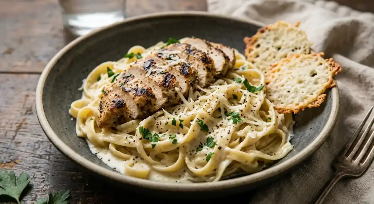 Fettuccine Alfredo w/ Grilled Chicken w/ 2 Crisps