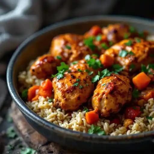 Moroccan Chicken Braise recipe served on a plate, by Urban Plates Moroccan Chicken Braise recipe served on a plate, by Urban Plates