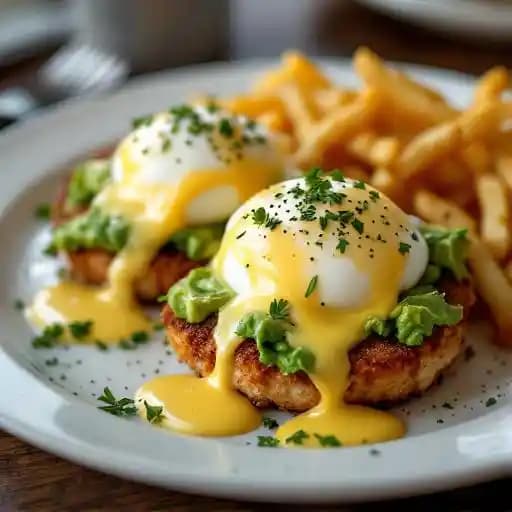 Crab Cake Benedict recipe served on a plate, by Surf Woburn Crab Cake Benedict recipe served on a plate, by Surf Woburn