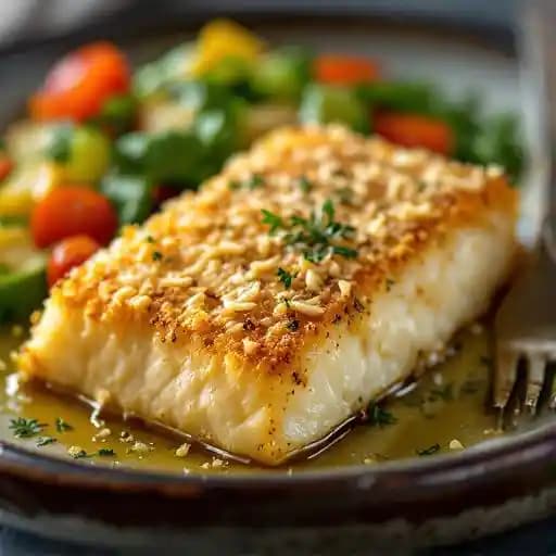 Parmesan and Asiago Crusted Halibut recipe served on a plate, by 49th State Brewing - Anchorage Parmesan and Asiago Crusted Halibut recipe served on a plate, by 49th State Brewing - Anchorage