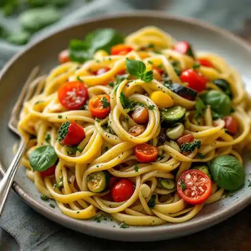 Summer Vegetable Pasta recipe served on a plate, by Prima Italia Summer Vegetable Pasta recipe served on a plate, by Prima Italia
