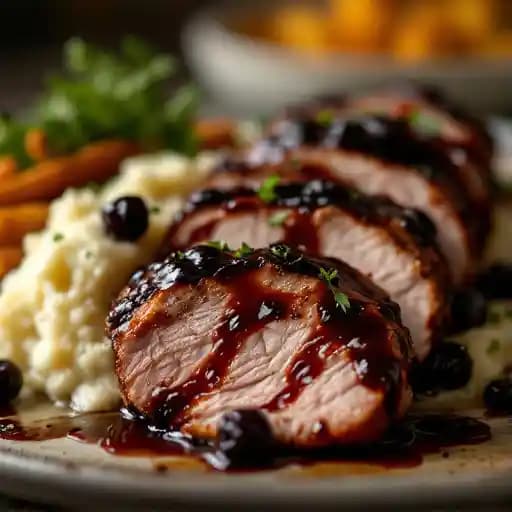 Black Cherry BBQ Pork Tenderloin recipe served on a plate, by Thirsty Lion Black Cherry BBQ Pork Tenderloin recipe served on a plate, by Thirsty Lion