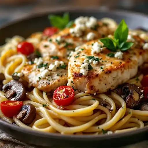 Lemon Basil Chicken Over Linguini recipe served on a plate, by Red White and Brew Lemon Basil Chicken Over Linguini recipe served on a plate, by Red White and Brew