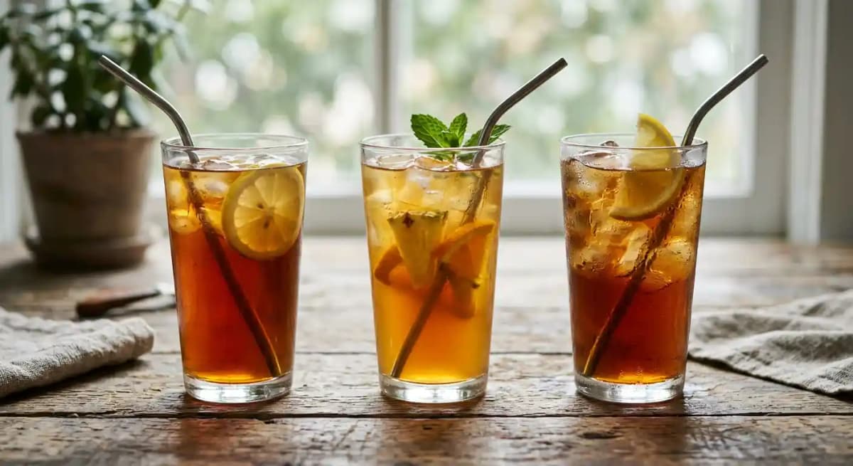 Freshly Brewed Black, Tropical or Our Signature Sweet Iced Tea recipe served in a glass, by The Cheesecake Factory Freshly Brewed Black, Tropical or Our Signature Sweet Iced Tea recipe served in a glass, by The Cheesecake Factory