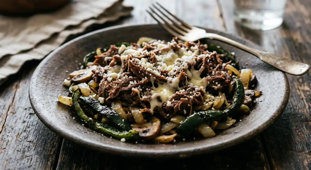 el charro carne seca blanca carne seca, mozzarella & cotija, poblano, onion, & mushroom recipe served on a plate, by The Monica el charro carne seca blanca carne seca, mozzarella & cotija, poblano, onion, & mushroom recipe served on a plate, by The Monica