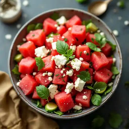Watermelon Feta Salad recipe served on a plate, by Dancing Yak Restaurant & Bar Watermelon Feta Salad recipe served on a plate, by Dancing Yak Restaurant & Bar