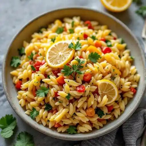 Lemon Scented Orzo recipe served on a plate, by Capital Bar and Grill Lemon Scented Orzo recipe served on a plate, by Capital Bar and Grill