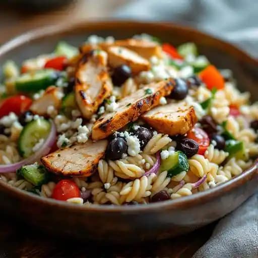 Orzo Pasta Salad with Chicken recipe served on a plate, by Taverna Orzo Pasta Salad with Chicken recipe served on a plate, by Taverna