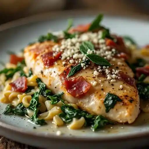 CHICKEN SALTIMBOCCA recipe served on a plate, by Pasta Pomodoro CHICKEN SALTIMBOCCA recipe served on a plate, by Pasta Pomodoro