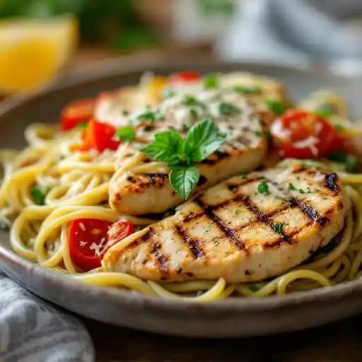 LEMON HERB CHICKEN LINGUINE recipe served on a plate, by Pickle Barrel LEMON HERB CHICKEN LINGUINE recipe served on a plate, by Pickle Barrel