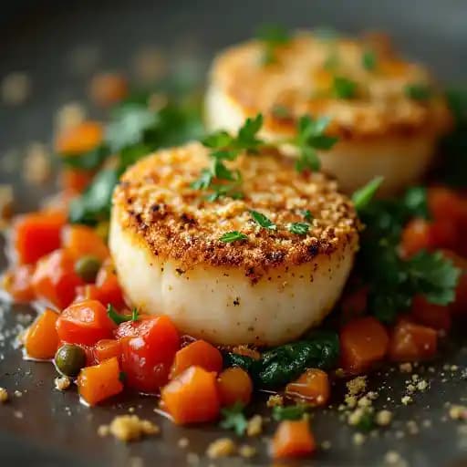 Baked Bay Scallops + Parmesan Crust recipe served on a plate, by Blue Water Cafe Baked Bay Scallops + Parmesan Crust recipe served on a plate, by Blue Water Cafe
