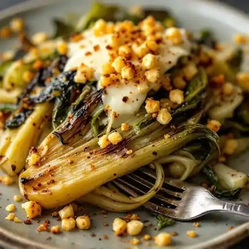 Burnt Charred Leek Cabbage Caesar recipe served on a plate, by May Day Burnt Charred Leek Cabbage Caesar recipe served on a plate, by May Day