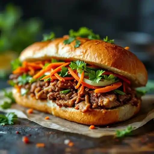 PORK BELLY BANH MI recipe served on a plate, by Farmers and Foragers Dockside PORK BELLY BANH MI recipe served on a plate, by Farmers and Foragers Dockside