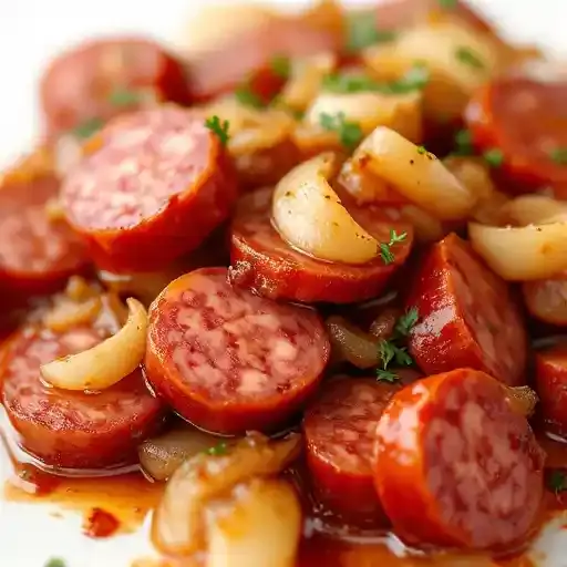 CHORIZO RIOJANO recipe served on a plate, by La Catalana CHORIZO RIOJANO recipe served on a plate, by La Catalana