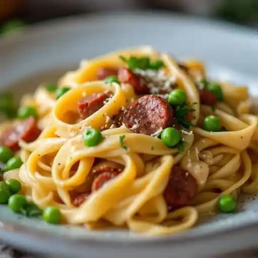 Fettuccine Vodka con Salsiccia recipe served on a plate, by La Bella Vita Ristorante Italiano Fettuccine Vodka con Salsiccia recipe served on a plate, by La Bella Vita Ristorante Italiano