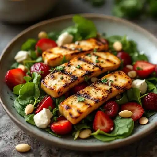 Grilled Halloumi Salad recipe served on a plate, by Prime and Providence Grilled Halloumi Salad recipe served on a plate, by Prime and Providence