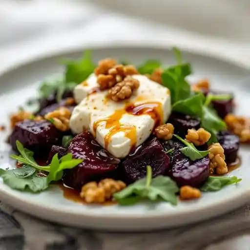 Roasted Beets & Goat Cheese recipe served on a plate, by At The Deck Roasted Beets & Goat Cheese recipe served on a plate, by At The Deck