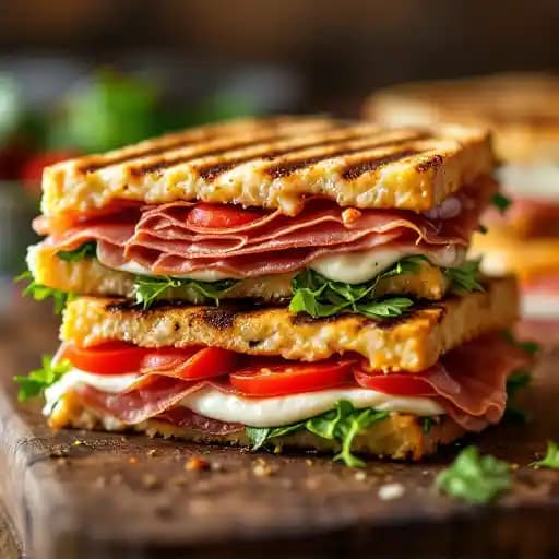 Panini w/ prosciutto, mozzarella, tomato, & arugula