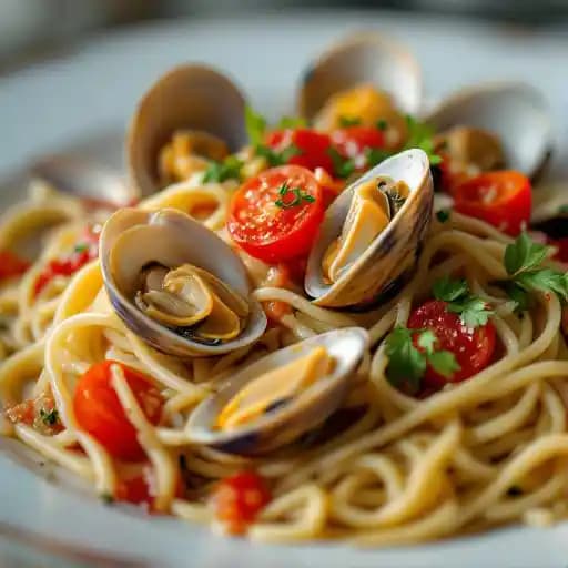 Spaghetti alle Vongole recipe served on a plate, by Trattoria 'A Vucchella & Wood Oven Pizza Spaghetti alle Vongole recipe served on a plate, by Trattoria 'A Vucchella & Wood Oven Pizza