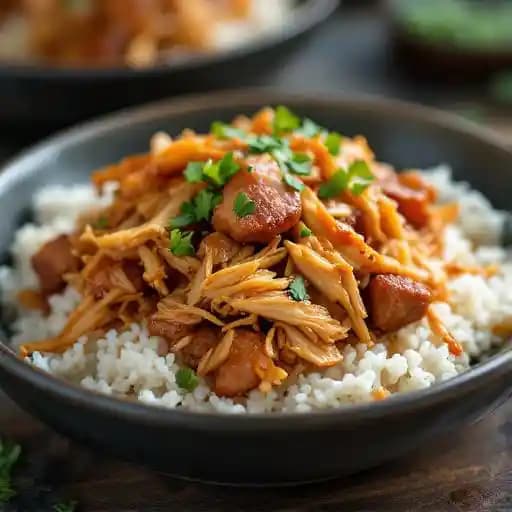 Taiwanese Style Shredded Chicken w / Marinated Pork on Rice recipe served on a plate, by (Vancouver) MYST Asian Bistro Taiwanese Style Shredded Chicken w / Marinated Pork on Rice recipe served on a plate, by (Vancouver) MYST Asian Bistro