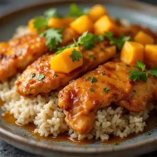 Mango Habanero Chicken recipe served on a plate, by MofonGo Restaurant Mango Habanero Chicken recipe served on a plate, by MofonGo Restaurant
