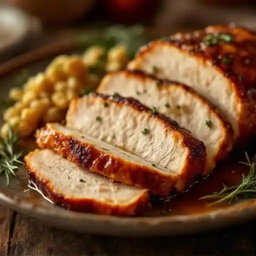 Maple-glazed Roast Turkey Breast (sliced) recipe served on a plate, by Fire by Forge Maple-glazed Roast Turkey Breast (sliced) recipe served on a plate, by Fire by Forge