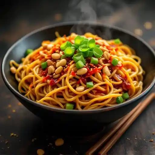 Spicy Dan Dan Noodles recipe served on a plate, by BNA Brewing Co. Spicy Dan Dan Noodles recipe served on a plate, by BNA Brewing Co.